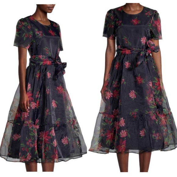 Rachel Parcell Floral Print Tie Waist Organza Midi Dress In Black Floral Ink - Picture 4 of 10